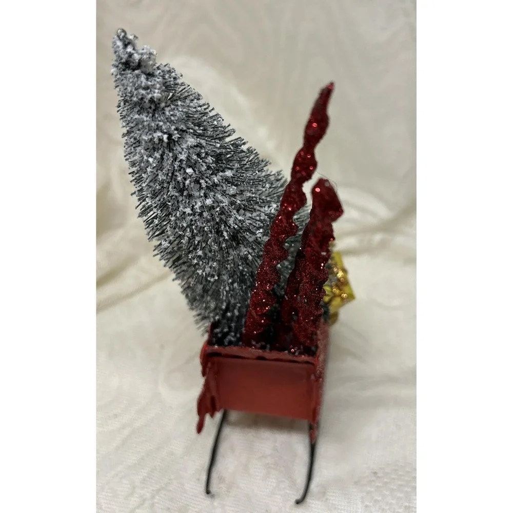 Vintage Tin Dept. 56 Sleigh‎ Red Glitter Brush Tree Christmas Assemblage Display